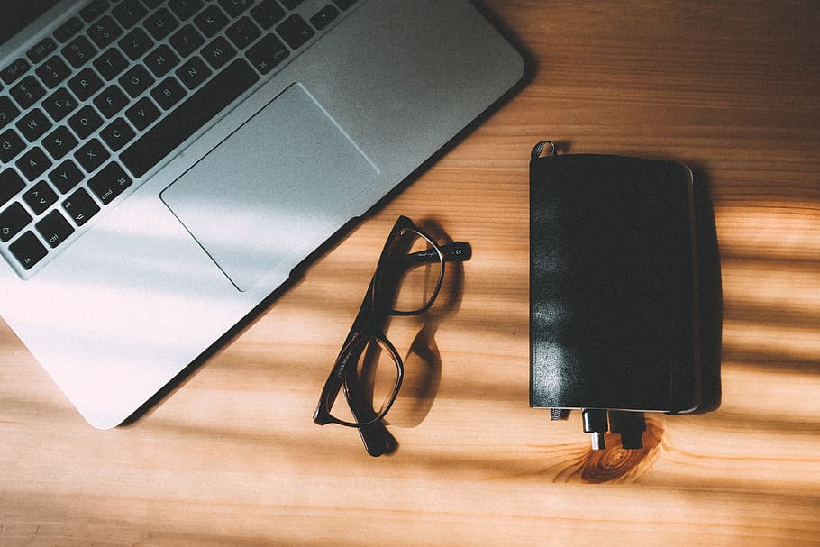 Notebook and glasses, apple, black, communication, computer, digital HD wallpaper
