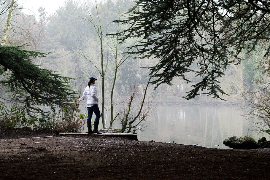 man wearing white top, person, human, tree, plant, apparel, clothing HD wallpaper