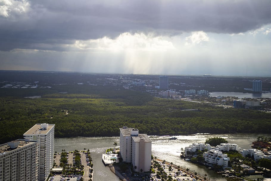 sky, skyscrapers, clouds, rain, sunny, buildings, miami, florida HD wallpaper