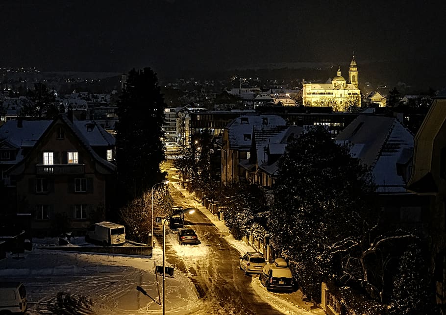 switzerland, solothurn, night, city, lights, building exterior