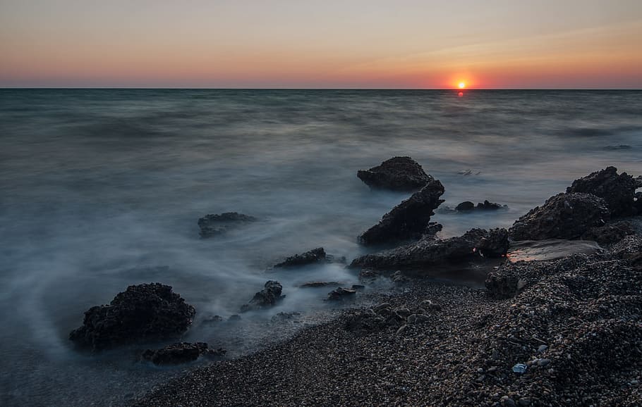 nature, landscape, water, ocean, sea, beach, sunset, waves HD wallpaper