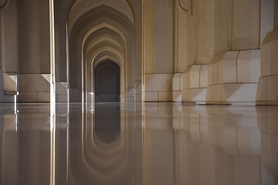 architecture, the cloister, the harmony, reflection, palace of sultan qaboos HD wallpaper