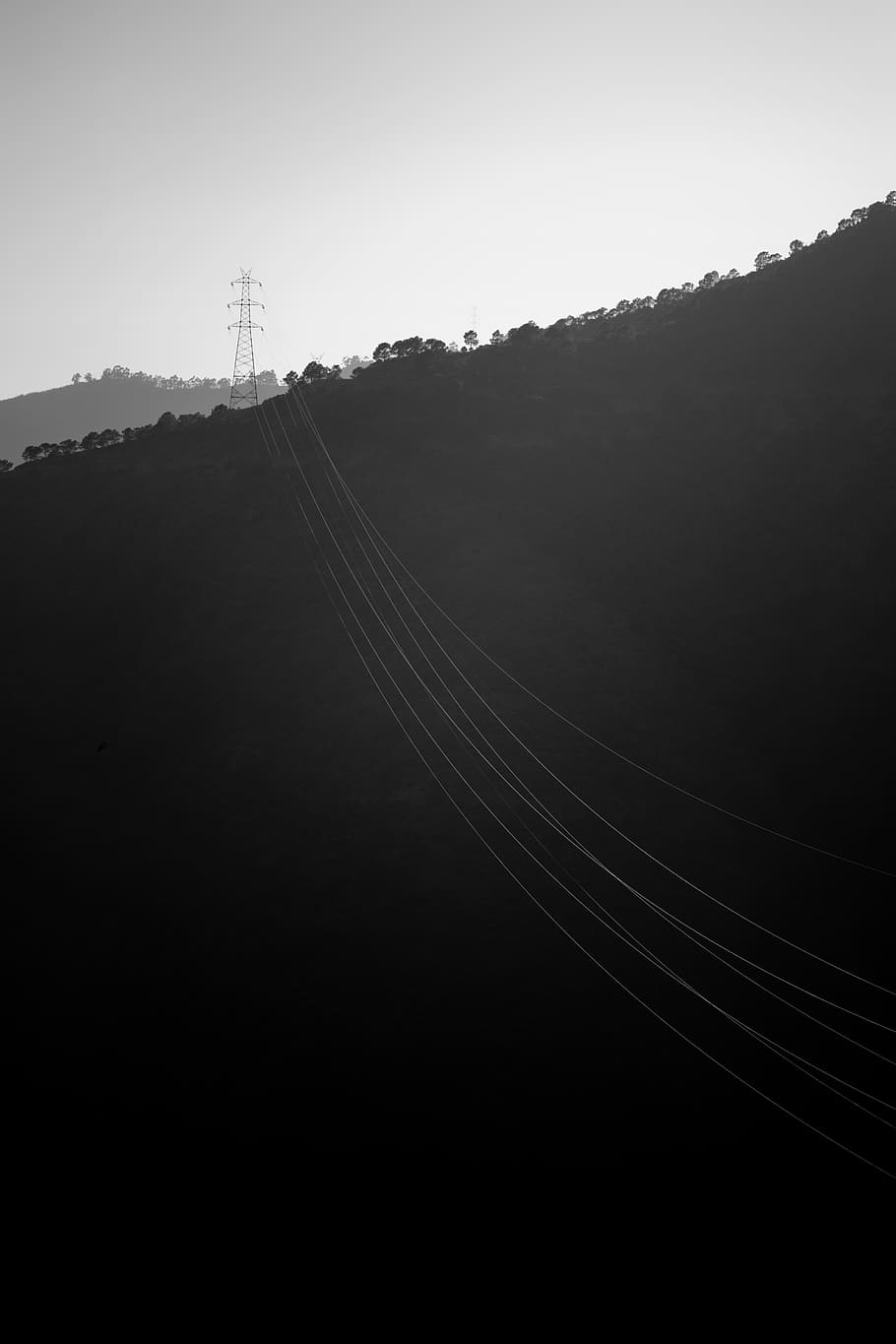 cables, wires, landscape, nature, black and white, bandw, art HD wallpaper