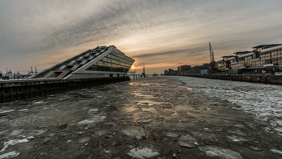 waters, sea, sunset, panorama, travel, hamburg, dockland, winter HD wallpaper