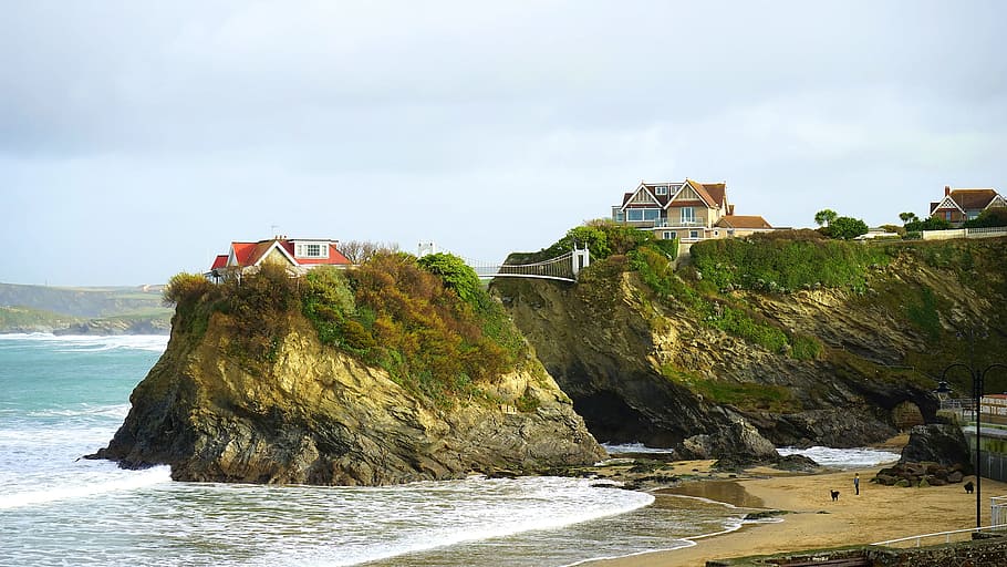 nature, elevated, cliffs, plateau, houses, water, sea, ocean HD wallpaper