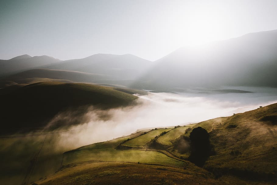 aerial view of mountains with smoke, hills, mist, fog, cloud HD wallpaper