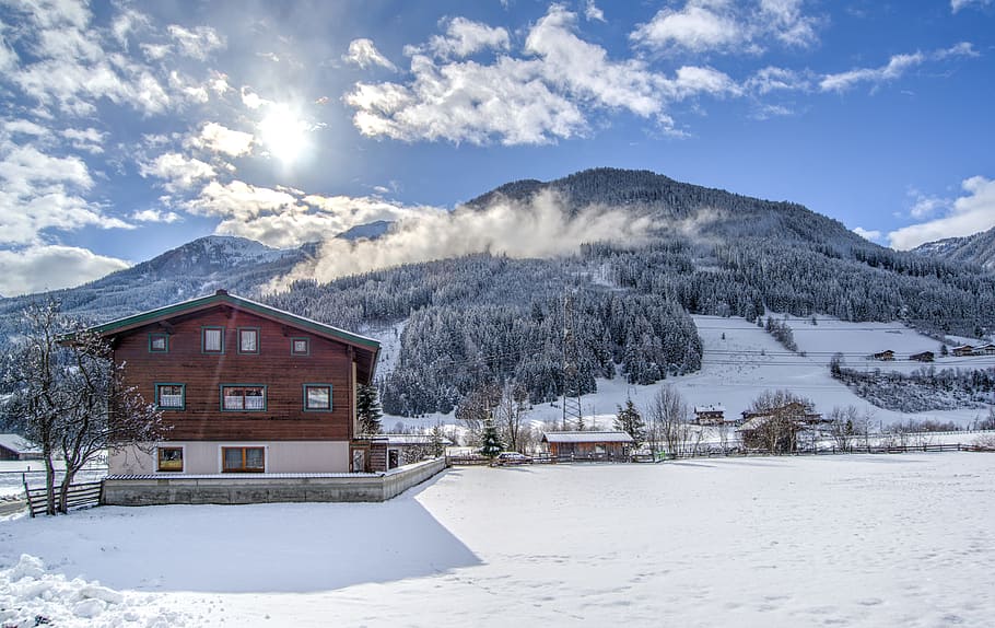 Scenic View of the Mountain, alpine, chalet, clouds, cold, forest HD wallpaper