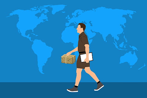 Illustration of package delivery worldwide with delivery person. HD wallpaper