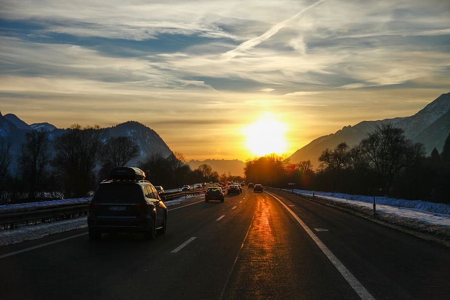 austria, trip, vacation, skiing, road, highway, cars, sunset HD wallpaper