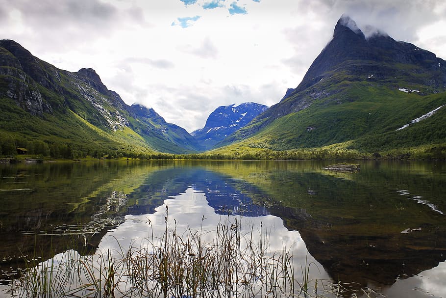 mountain, plants, trees, grass, water, lake, valley, river HD wallpaper