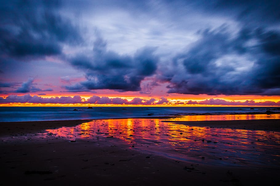 beach under nimbus clo9uds, nature, outdoors, sunset, dawn, dusk HD wallpaper