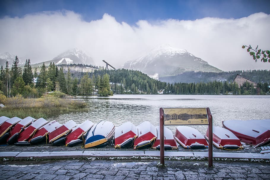 mountains, sky, snow, clouds, nature, panorama, water, lake HD wallpaper