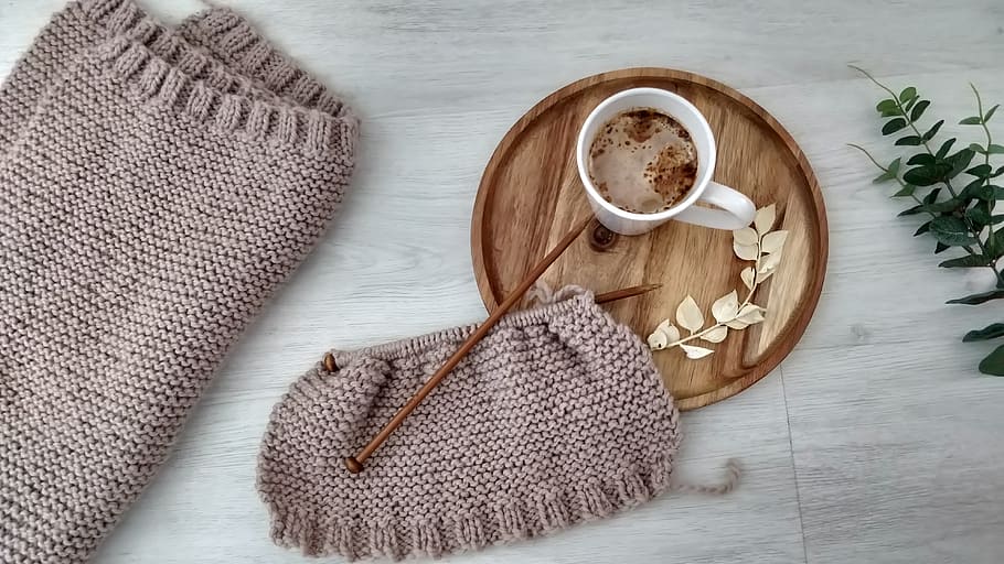 brown knit textile, table, indoors, drink, coffee, cup, food and drink HD wallpaper