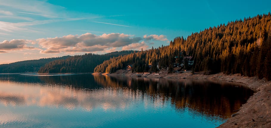 lake near mountain range, water, nature, outdoors, tree, abies HD wallpaper