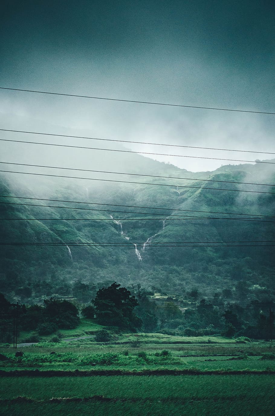 photo of green mountain, phoneline, phonewire, cable, nature HD wallpaper
