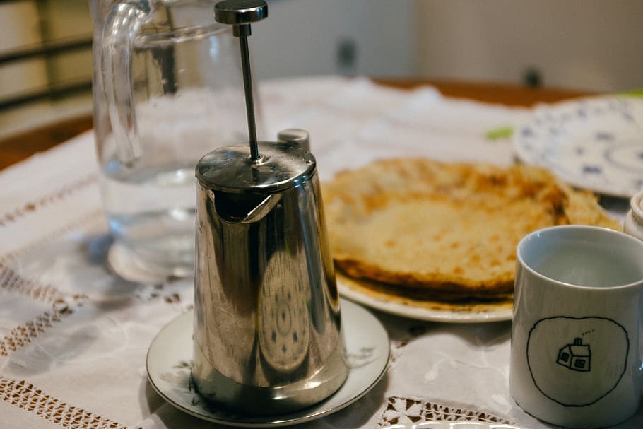 coffee pot and breakfast on the table, background, blini, closeup HD wallpaper