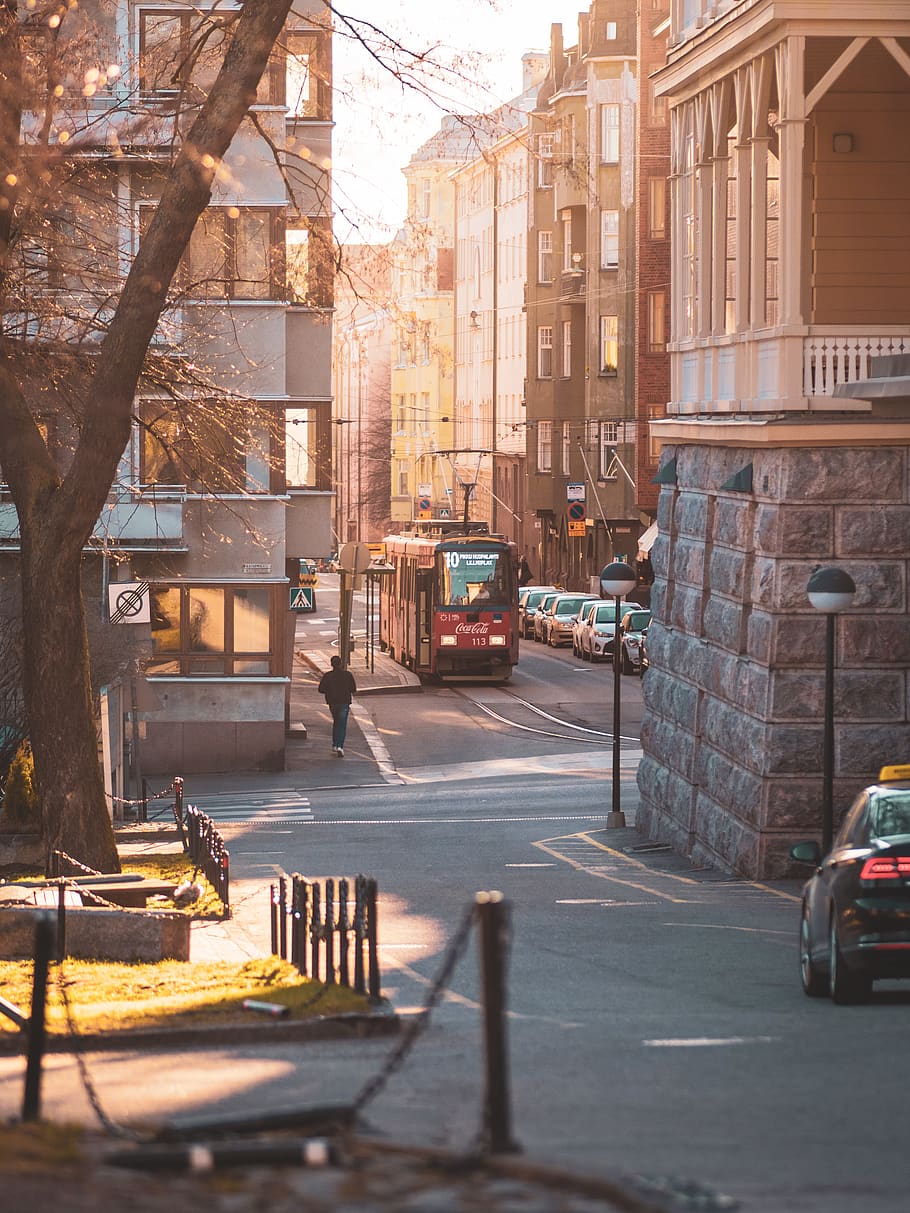 red bus on road, car, vehicle, automobile, transportation, finland HD wallpaper