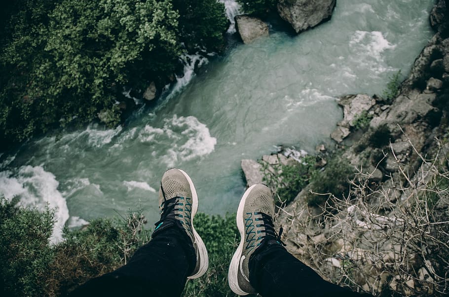Person By The Cliff, feet, flowing, river, shoes, sneakers, low section HD wallpaper