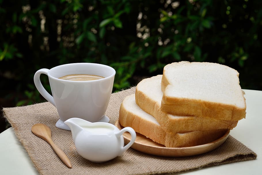 3 Sliced Loafs Beside White Ceramic Coffee Cup, bread, drink HD wallpaper