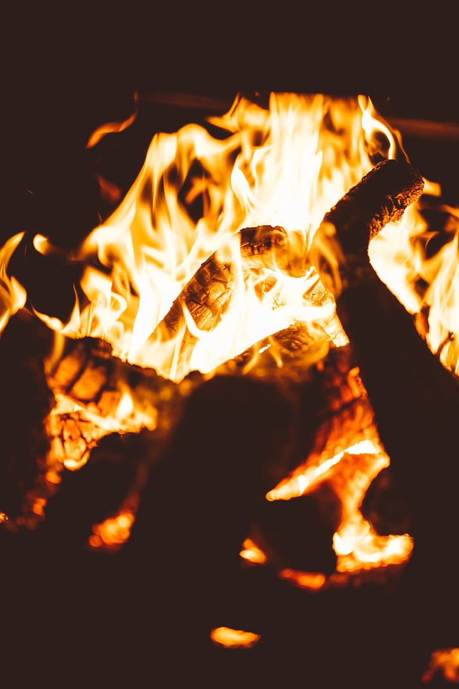lit bonfire, wood, timber, camping, flame, dark, orange, campfire HD wallpaper