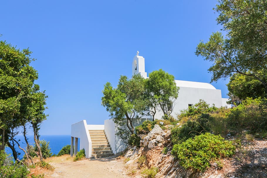 greece, skiathos, religious, sky, chruch, mediterranean, olives HD wallpaper