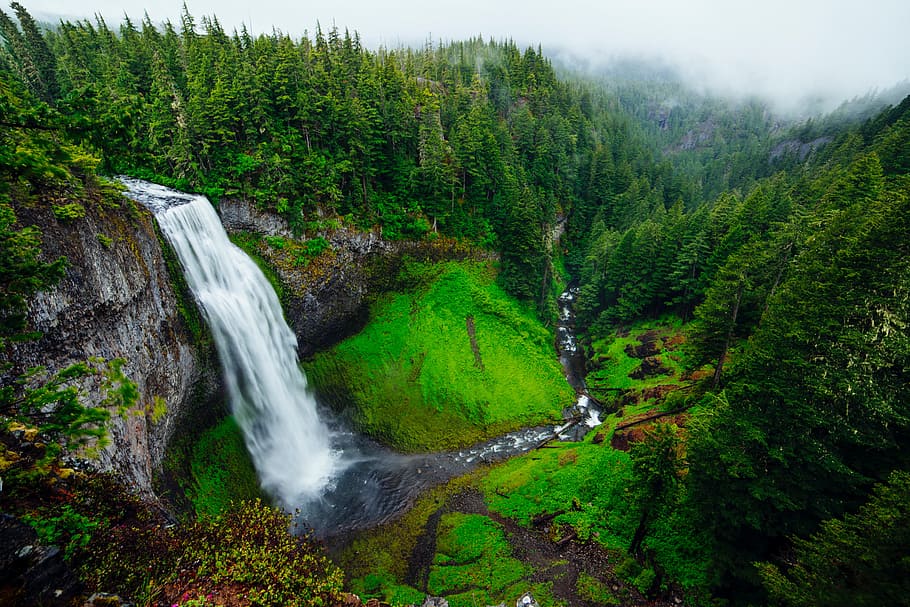 falls, nature, water, river, rock, landscape, trees, attraction HD wallpaper