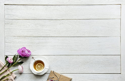 Pink Flowers Beside White Ceramic Cup, beverage, drink, flatlay HD wallpaper