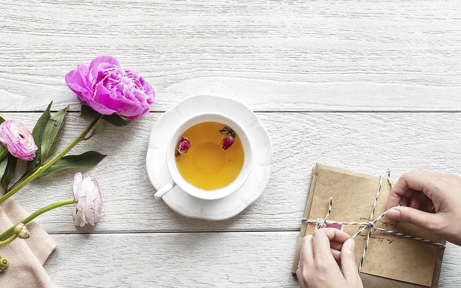 White Ceramic Teacup, beverage, drink, envelope, flatlay, flower HD wallpaper