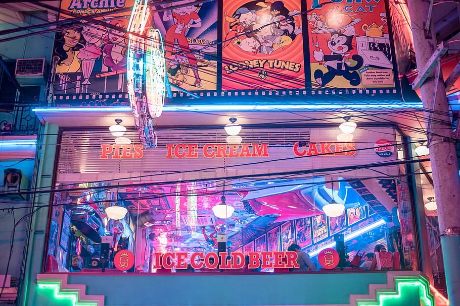 multicoolored storefront, illuminated, night, architecture, text HD wallpaper