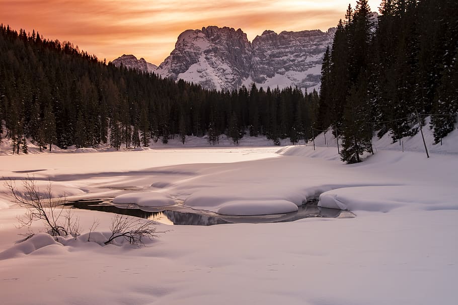 Landscape Photography Of Body Of Water Covered With Snow And Surrounded With Trees And Mountain HD wallpaper
