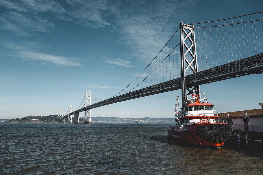 boat on body of water under suspension bridge, vehicle, watercraft, HD wallpaper