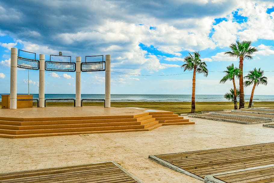 park, seaside, beach, architecture, sky, clouds, urban, larnaca HD wallpaper