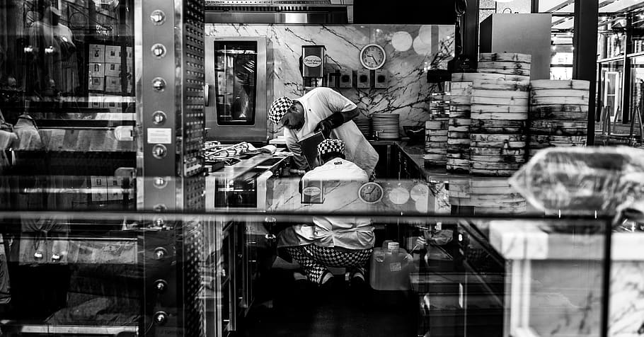 two cooked chef working on kitchen, human, person, shop, grey HD wallpaper