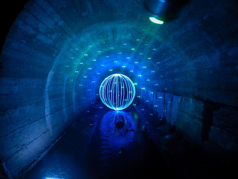 blue light ball, architecture, tunnel, illuminated, light - natural phenomenon HD wallpaper