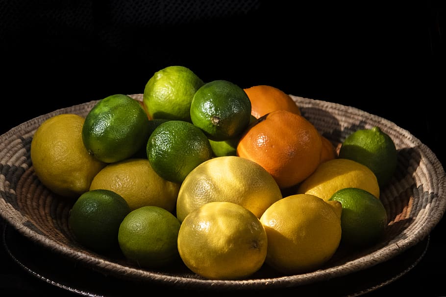 citrus fruits in brown bowl, food, plant, lime, uk, leatherhead, HD wallpaper