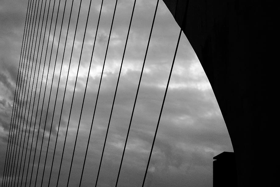bridge, clouds, sky, architecture, moody, lines, mirror, glas HD wallpaper