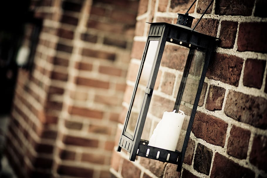 Black Metal Candle Lantern on Wall, background, brick walls, bricks HD wallpaper