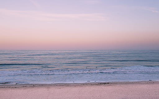 pink and blue beach shore, horizon, sea, ocean, wave, sand, sky HD wallpaper