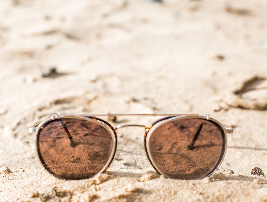 sunglasses on sand, land, beach, eyeglasses, fashion, close-up HD wallpaper