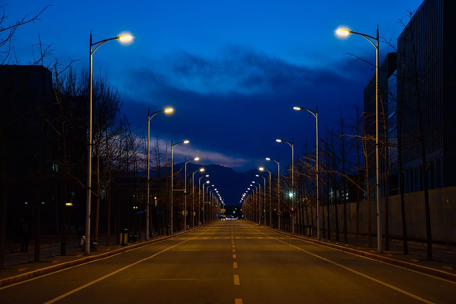 be quiet, distance, road, street lamp, lights down the road, HD wallpaper