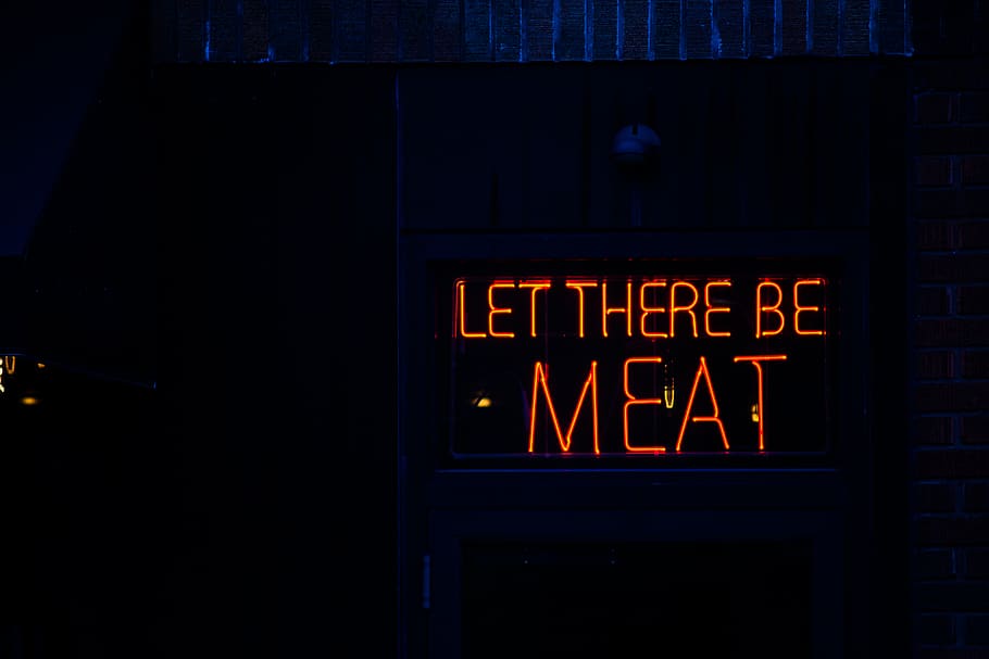 let there be meat neon light, lakewood, door, woodstock bbq, united states, HD wallpaper