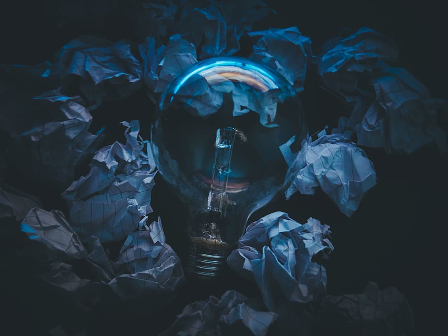 bulb, light, spark, lamp, paper, crumpled, dark, indoors, one person HD wallpaper