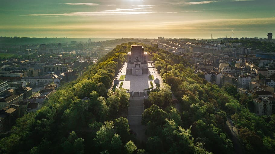 tree, sunrise, architecture, drone, aerial, city, prague, built structure HD wallpaper
