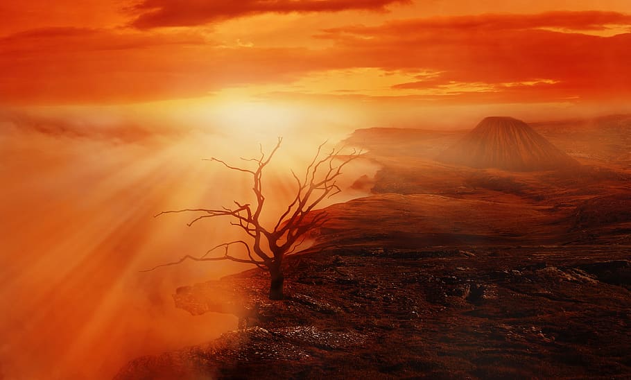 landscape, tree, volcano, clouds, sky, abyss, fog, fantasy HD wallpaper