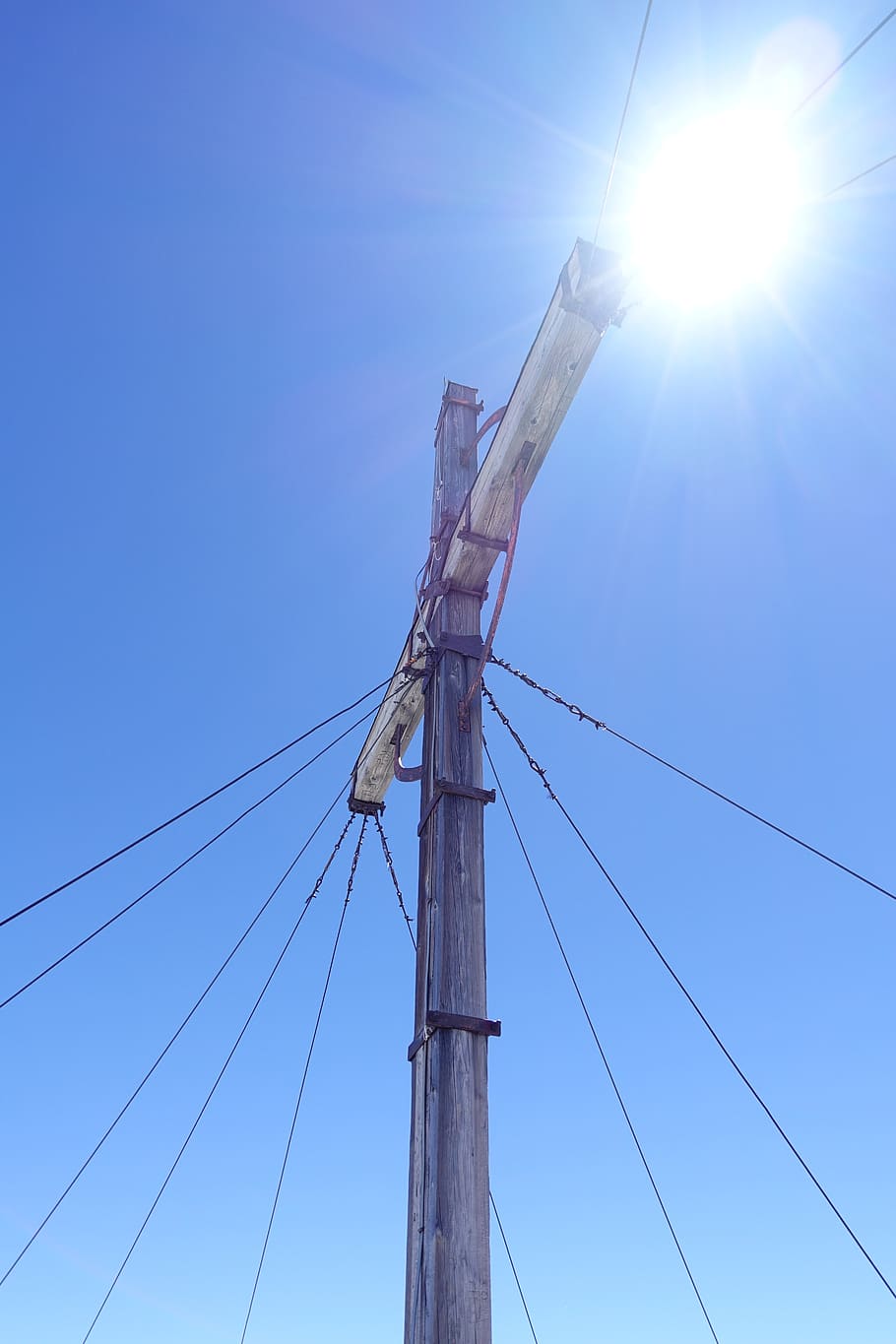 summit cross, mountain, sky, low angle view, sun, cable, connection HD wallpaper