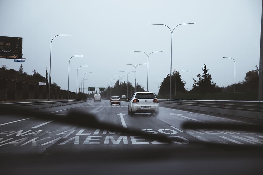 cars on road under white sky, transportation, vehicle, automobile