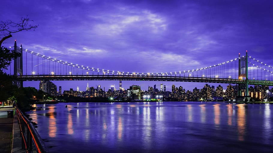photo of suspension bridge during nighttime, water, light, building HD wallpaper