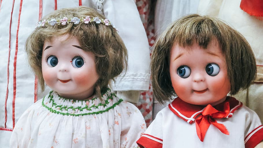two female doll wearing white tops, toy, human, person, retro