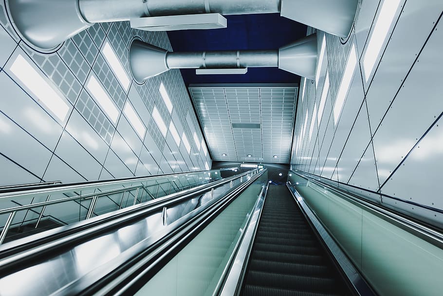 black escalator, building, urban, light, city, reflection, white HD wallpaper
