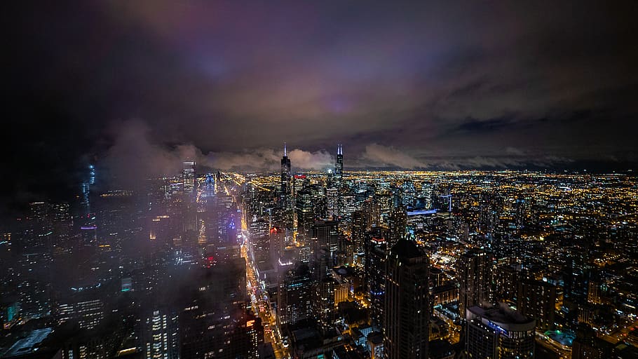 aerial view, architecture, beautiful, buildings, city, city lights HD wallpaper
